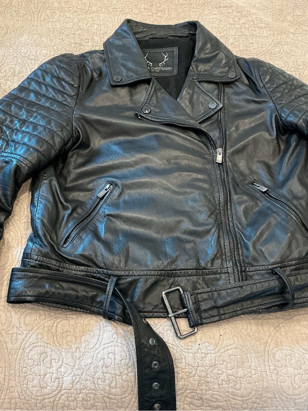 Black Leather Quilted Sleeve Moto Jacket by Dan Christensen